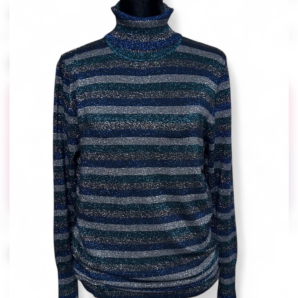 WORTHINGTON Sparkly Striped Blue & Silver Turtleneck Top-Sweater L, Long Sleeves